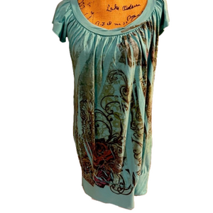 Julie’s Closet Blue w Multicolor Dress w Wide Waistband Short Sleeves Size M